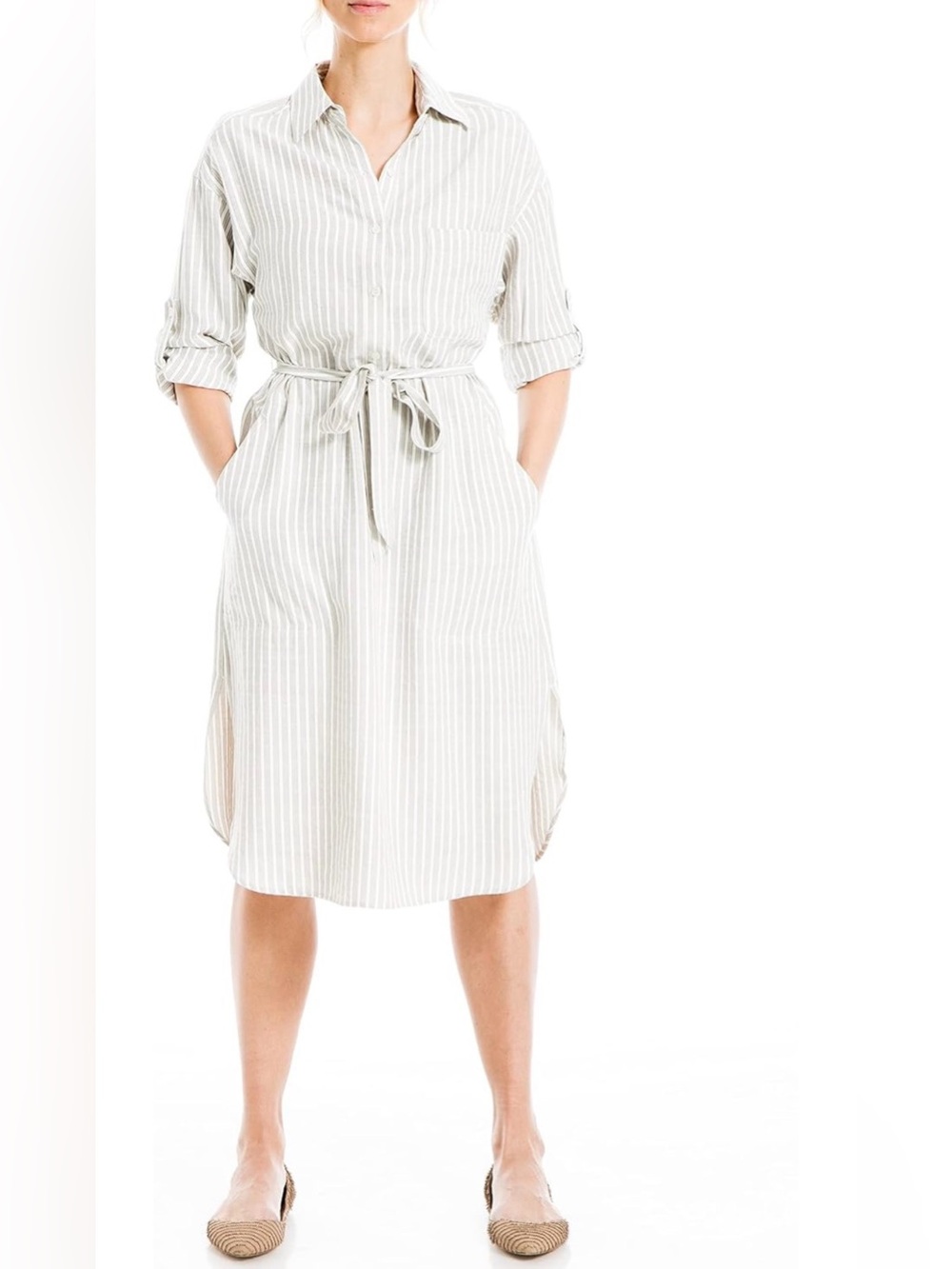 Max Studio Striped Shirt Dress with Tie Belt - Gray/White